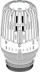 Thermostatkopf in Weiß mit Skala und Einstellrädern, montiert auf einem metallischen Anschluss, hergestellt von IMI Hydronic Engineering.